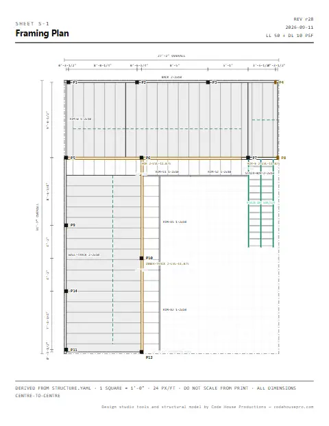Sheet S-1, Framing Plan, as the tool prints it